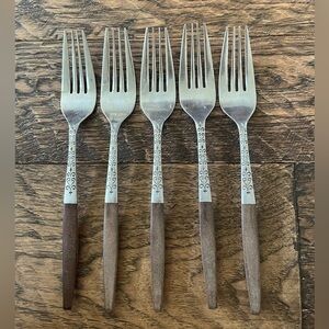 Vintage Interpur Japan MCM Stainless Flatware Synthetic Wood Dinner Forks (5)